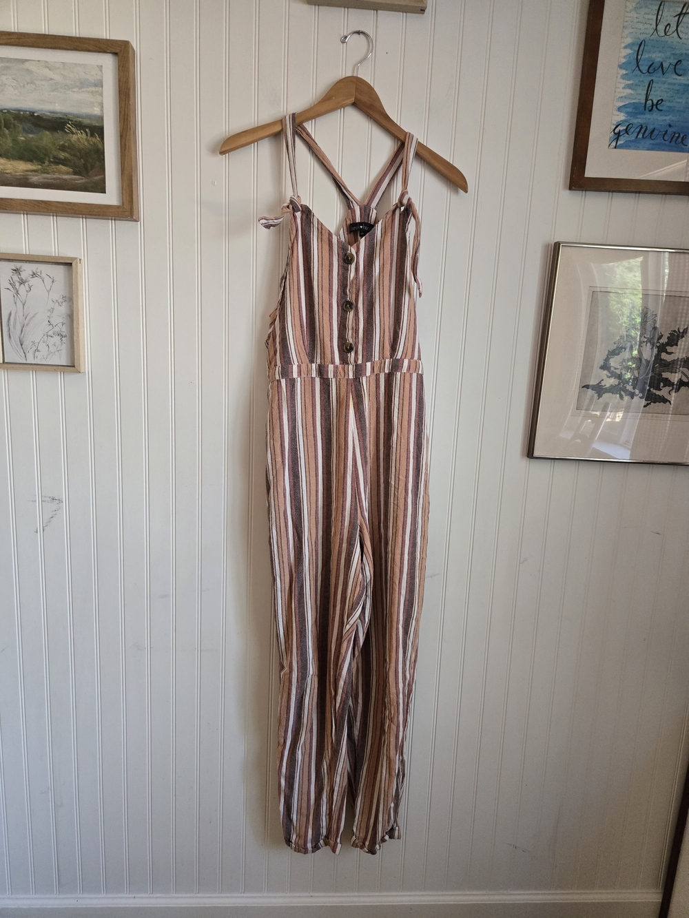 Derek Heart Striped Jumpsuit in Brown, Cream & Pink
